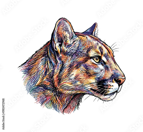 Cougar head profile facing right with elongated muzzle and clean contour emphasized through directional pen strokes and refined