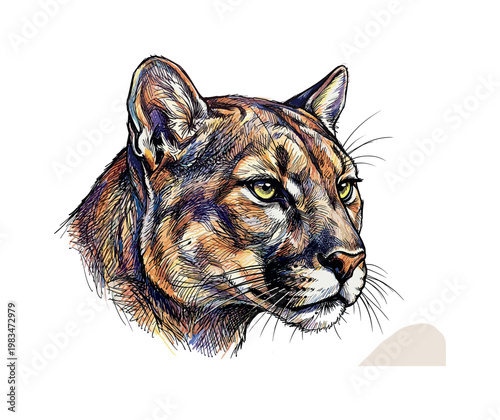 Cougar head portrait in three-quarter view with sleek muzzle and strong feline features forming powerful yet refined facial