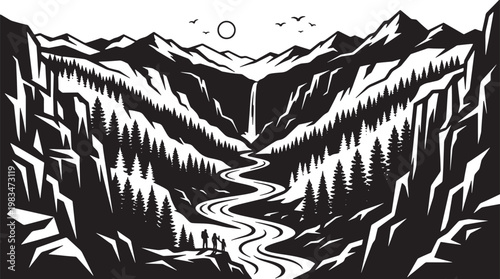 Fotografi Vast mountain valley landscape with winding river and distant waterfall, pine trees, epic vista, monochrome vector art