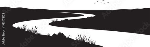 Winding river landscape silhouette with mountain hills birds and grass plants for outdoor adventure vector illustration.
