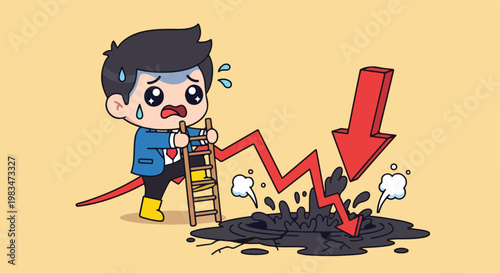 Cartoon boy with sad expression standing next to a broken piggy bank and a downward trending financial graph