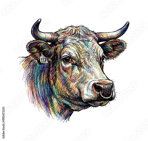 Cow head portrait in three-quarter view with broad muzzle and gentle eyes forming calm farm animal facial structure in detailed
