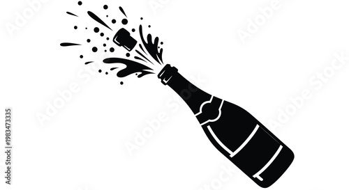 Champagne bottle erupting with a cork and spray a striking silhouette