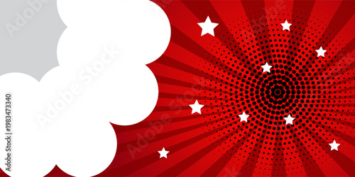 Pop art comic background with cloud and star. Cartoon Vector Illustration on RED