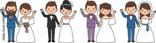 Cute wedding couples holding hands and waving with bride and groom characters in different outfits vector illustration collection