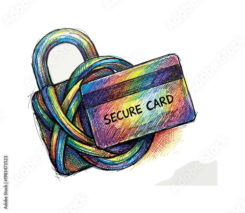 Lock surrounding credit card forming metaphor of financial security and fraud protection in expressive vibrant multicolor pen