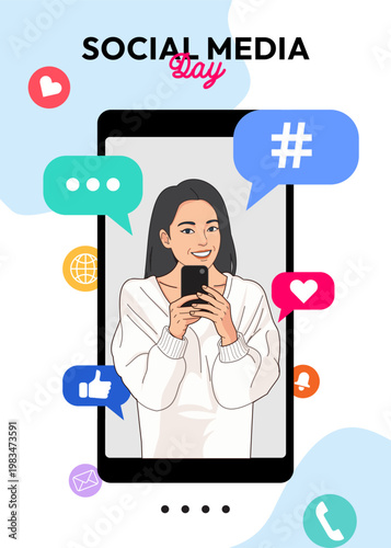 Social media day celebration poster with woman taking selfie on smartphone