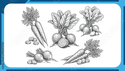 Collection of Hand Drawn Root Vegetables Featuring Vintage Sketch of Carrots, Beets and Radishes with Sliced Pieces and Detailed Leaf Engraving Vector Illustration