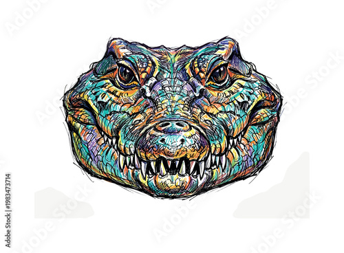 Vibrant, colorful drawing of an alligator head with sharp teeth and intense eyes