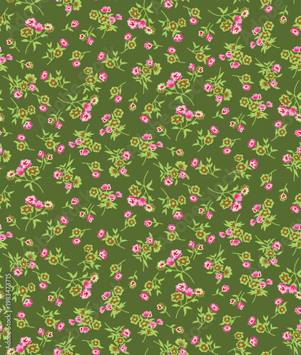Photos Seamless Floral Pattern with Small Pink Flowers on Olive Green Background
