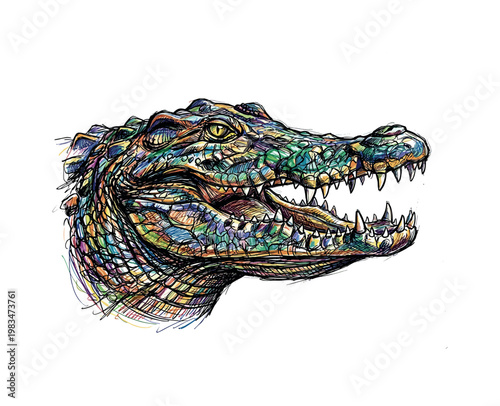 Crocodile head portrait in three-quarter view with elongated snout and textured scales forming powerful reptilian facial structure