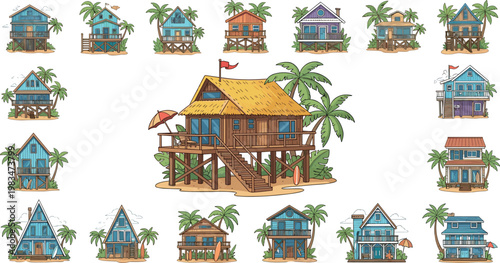 Tropical stilt beach houses collection with wooden seaside villas palm trees and island architecture vector illustration set