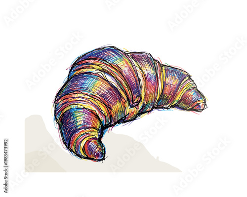 Croissant with flaky layered texture and curved crescent shape forming classic bakery pastry in expressive vibrant multicolor pen