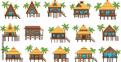 Tropical wooden stilt houses collection with thatched roofs palm trees and island beach architecture vector illustration set