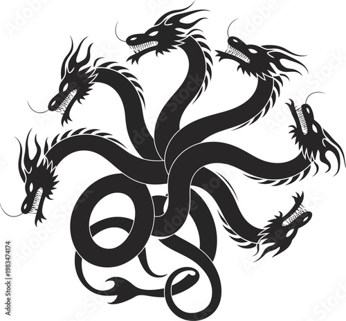 Black hydra monster silhouette with multiple heads, bold vector artwork ideal for banners, fantasy themes, legends, and mythical creature graphics.