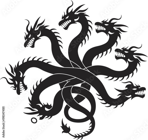 Mythical black hydra monster with multiple heads in silhouette for banners, vector illustration for fantasy, mythology, gaming, and epic creature design projects.