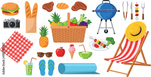 Vector Set of Picnic and Barbecue Essentials Including Food, Drinks, and Outdoor Gear for Summer Fun Illustrations
