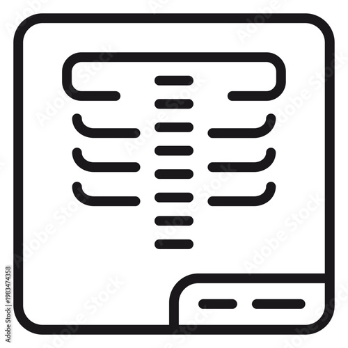 Chest X-ray medical icon showing human rib cage and spine in a square frame. Minimalist black line art vector illustration for healthcare, radiology, and diagnostic imaging concepts.