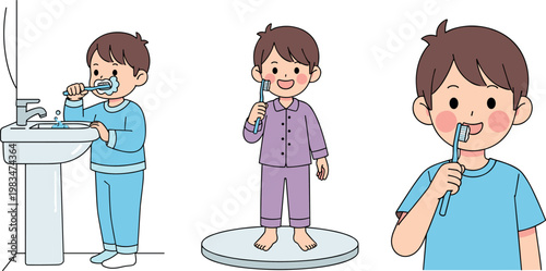 Cute boy brushing teeth in different scenes with toothbrush showing daily oral hygiene routine vector illustration collection isolated