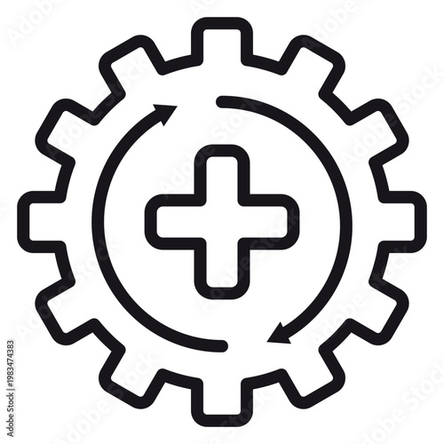 Healthcare industry process icon featuring a gear, rotating arrows, and a plus symbol, minimalist black vector illustration for medical technology, system maintenance, and health management.