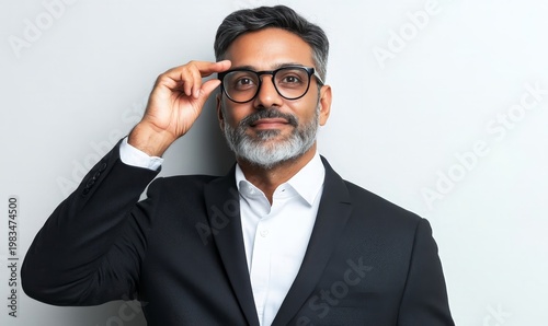 Portrait of a man in a suit adjusting his glasses looking confident and professional today at work