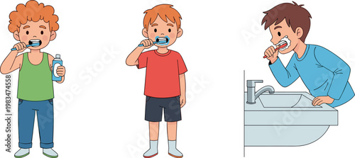 Kids brushing teeth collection with boy characters using toothbrush and toothpaste showing daily hygiene routine vector illustration set