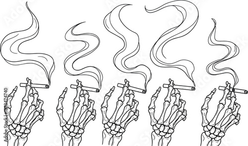 Skeleton hand smoking cigarette vector set spooky skull hands with smoke line art illustration collection