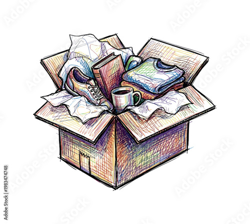 Delivery box with open lid and visible contents forming unpacking moment object associated with online shopping in expressive