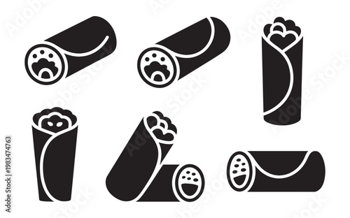 Burrito wrap icon set Mexican food and fast food wrap symbols in outline and solid style vector illustration collection
