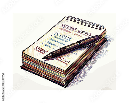 Desk notepad with stacked pages and pen placed on top forming simple note-taking accessory for handling customer queries in
