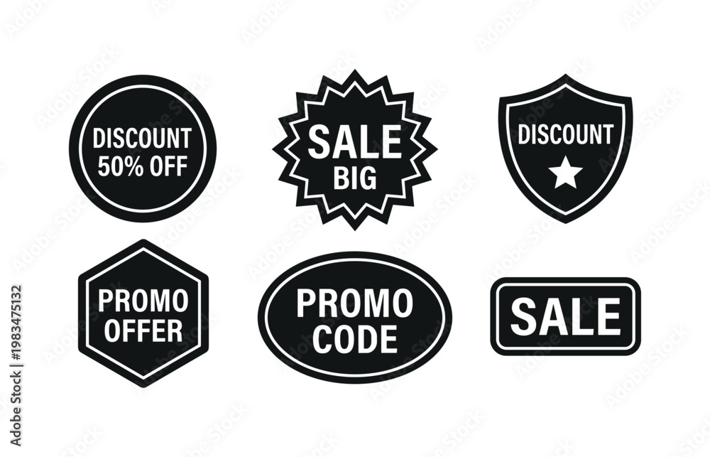 Fototapeta premium Collection of black and white sale and discount promotion badges