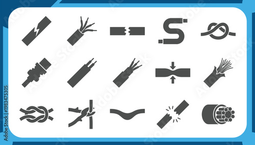 Large Collection of Electrical Wire Icons Featuring Damaged Cable, Wire Stripping, Short Circuit, Industrial Power Cord and Maintenance Graphic Elements Vector Set