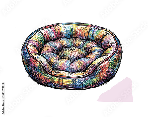 Dog bed with cushioned edges and soft interior forming cozy resting accessory with plush texture in expressive vibrant multicolor