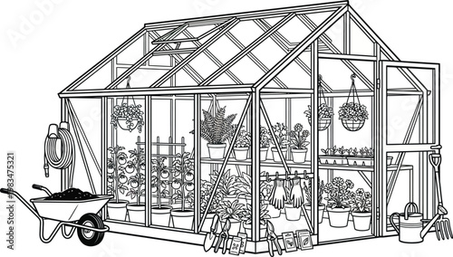 Greenhouse Plants Gardening Tools Vector | Black White Illustration Garden Structure Isolated