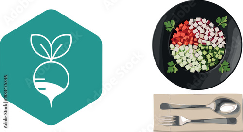 Radish Icon and Fresh Salad Plate with Chopped Vegetables for Healthy Eating, Food, and Culinary Illustrations
