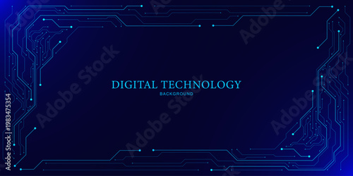 Digital technology frame featuring circuit board wires connection on dark blue background vector. Design for web banner, poster and presentation template.