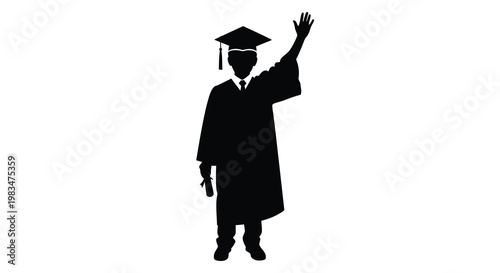 A graduating student waves with joy presented as a silhouette