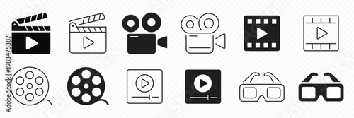 Cinema set of web icons in line style. Movie and Film linear icon collection. Containing video, movie theater, 3d, vr, popcorn, ticket, director, soundtrack and more
