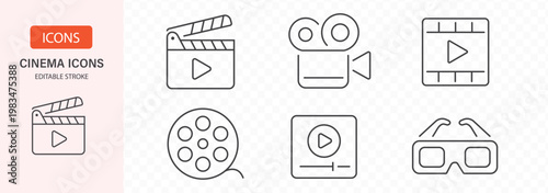 Cinema set of web icons in line style. Movie and Film linear icon collection. Containing video, movie theater, 3d, vr, popcorn, ticket, director, soundtrack and more