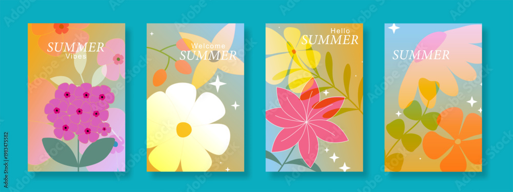 Fototapeta premium Gradient summer floral poster background vector set. Minimalist cover with colorful flower illustration. Design for wall art, greeting cards, holidays and seasonal templates.