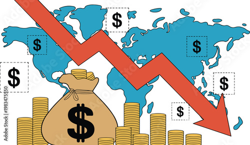 Global economic recession concept with red falling arrow over world map money bag and stacks of gold dollar coins,