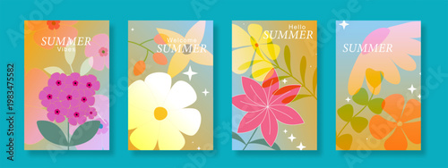Gradient summer floral poster background vector set. Minimalist cover with colorful flower illustration. Design for wall art, greeting cards, holidays and seasonal templates.