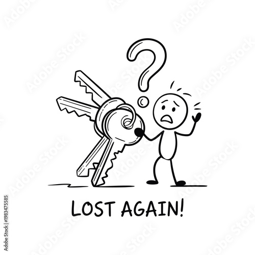 line art characters looking for missing keys, illustrating confusion, problem solving, home security and real estate concept in a new year situation.