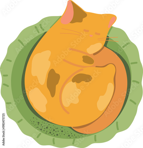 An orange cat sleeps comfortably in a green bed