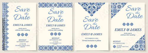 Set of elegant wedding invitations with blue floral and azulejo borders. Classic templates for save the date, announcement, or ceremony cards. Mediterranean tiles. Spanish party design template.