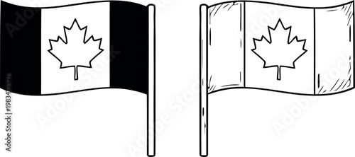 Two canadian flags waving a black and white illustration of national symbolism and pride