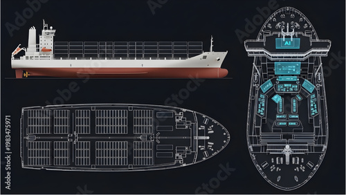 Autonomous Cargo Container Ship Blueprint – AI Navigation Bridge Layout, Deck Container Grid System, CAD Side Elevation and Deck Plan Technical Drawing