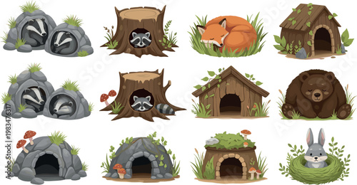 Forest animal homes vector set burrows dens and nests with woodland creatures cartoon illustration collection