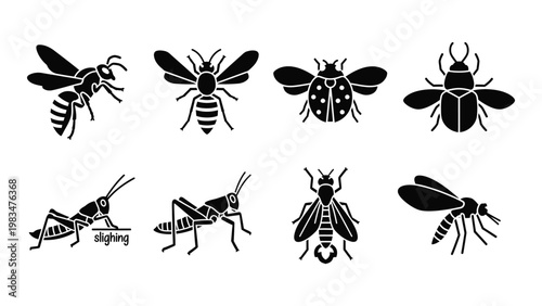 A collection of black silhouette icons depicting various insects including bees beetles and grasshoppers high quality