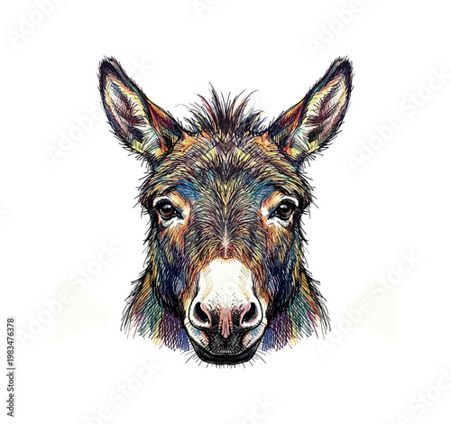 Frontal donkey head with symmetrical features and gentle expression highlighted by coarse fur texture and structured hatching